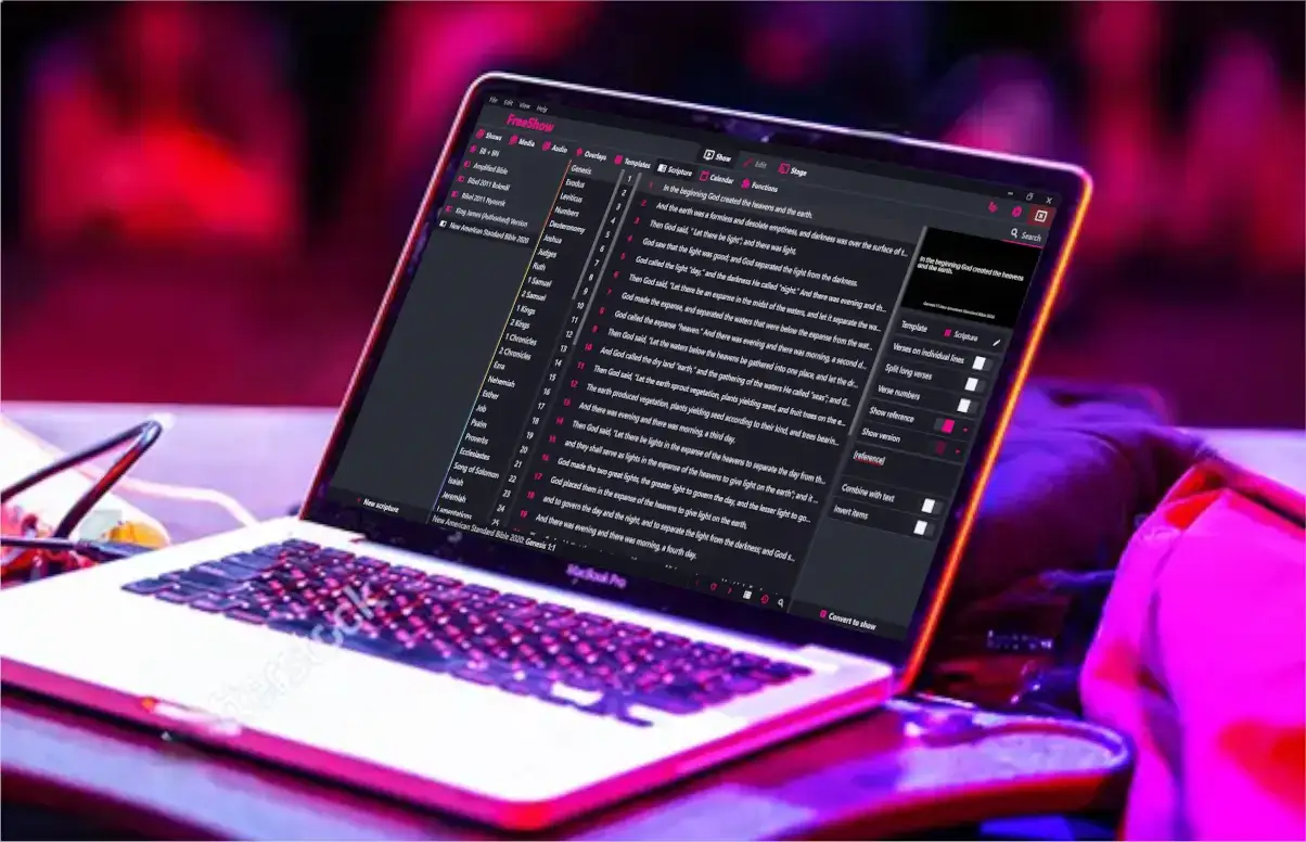 Computer sitting on desk with FreeShow open