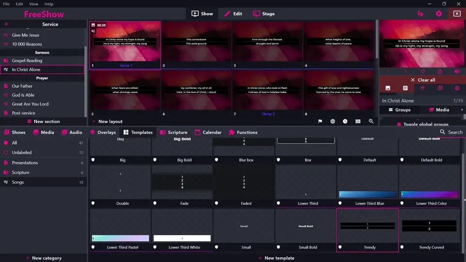 Preview of software. Drawer with templates open.